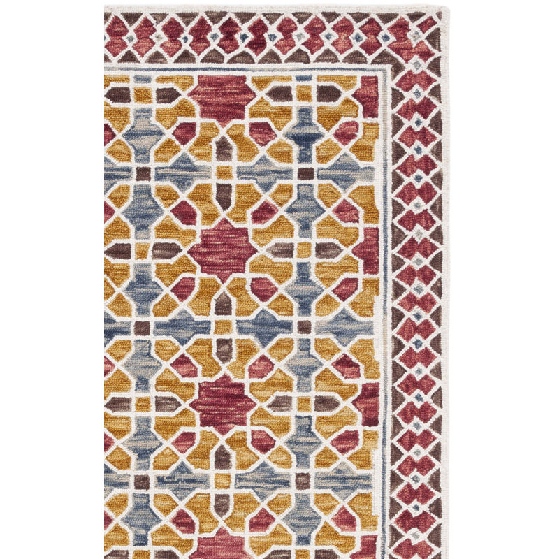 Tapis rouge / jaune en laine / coton touffeté à la main Bobbi-Jane, Rectangle 4 pi x 6 pi