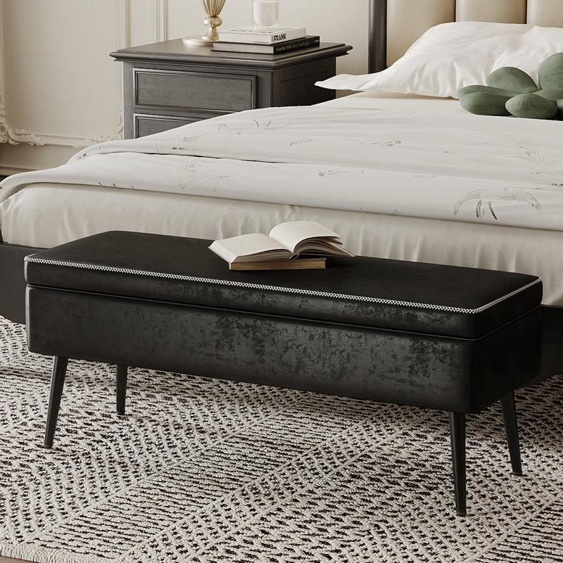 Banc de rangement rembourré de style moderne Mid-Century 47,7 po avec pieds en bois massif, Noir, noir, noir, noir