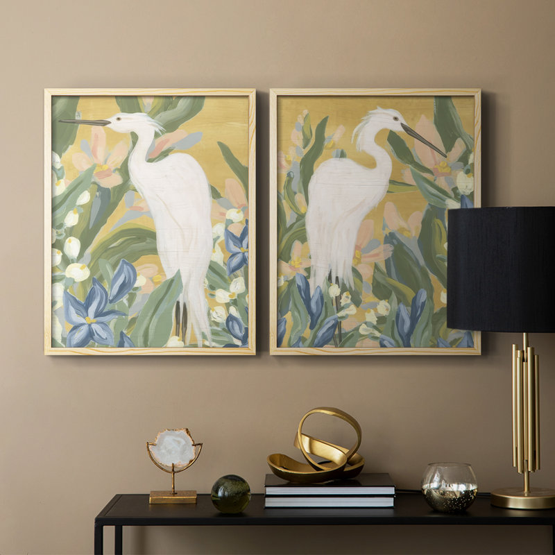 Floral Egret I-Premium, reproduction encadrée prête à accrocher - aucun clou requis - aucun clou requis, Bois naturel