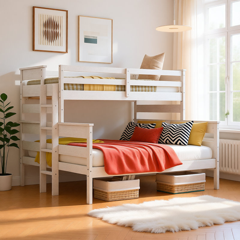 Lit superposé convertible en bois simple au-dessus de grand lit double avec échelle, conception détachable, structure en pin massif, aucun sommier requis