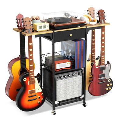 3-tier Multi Guitar Stand With 4 Guitar Holder & Wheel, 3-in-1 Floor Guitar Rack For Multiple Guitars With Amp Stand & Drawer, Guitar Storage For Acou