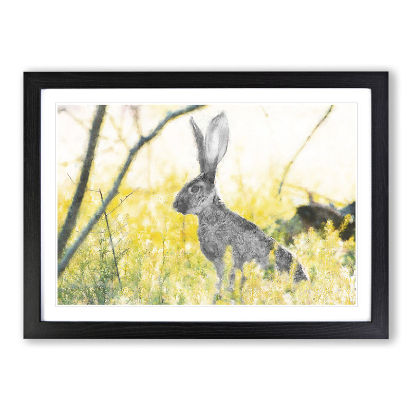 Alert Hare In The Meadow - Single Picture Frame Painting on MDF, Black Framed, 48cm H x 65cm W x 2cm D