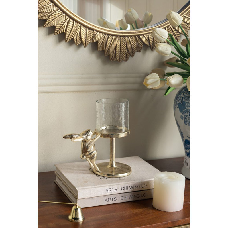 Porte-bougie doré avec abat-jour ourlet en verre transparent