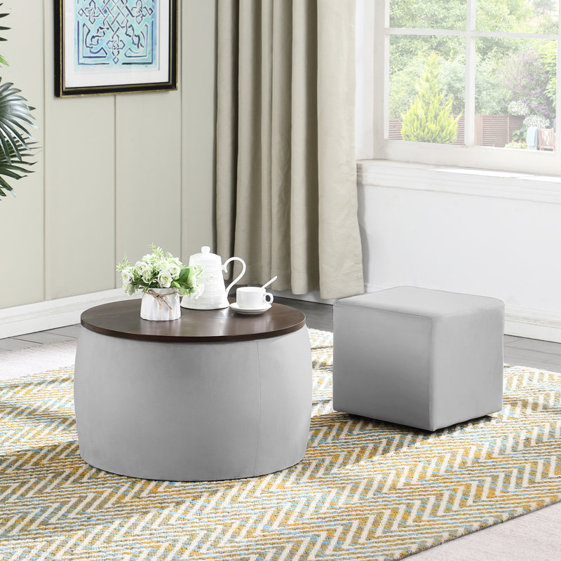 Table basse ronde et repose-pieds carré avec rangement, velours gris, bureau 2 en 1 pour la chambre à coucher, couvercle réversible comme plateau, couvertures de rangement, dimensions de 25,78, 16,5 lb, sans assemblage de velours
