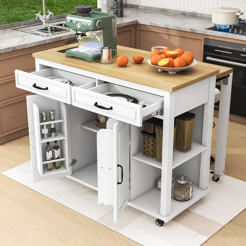 Extendable Kitchen Island with Integrated Power Outlets, 2 Drawers and Cabinet, White