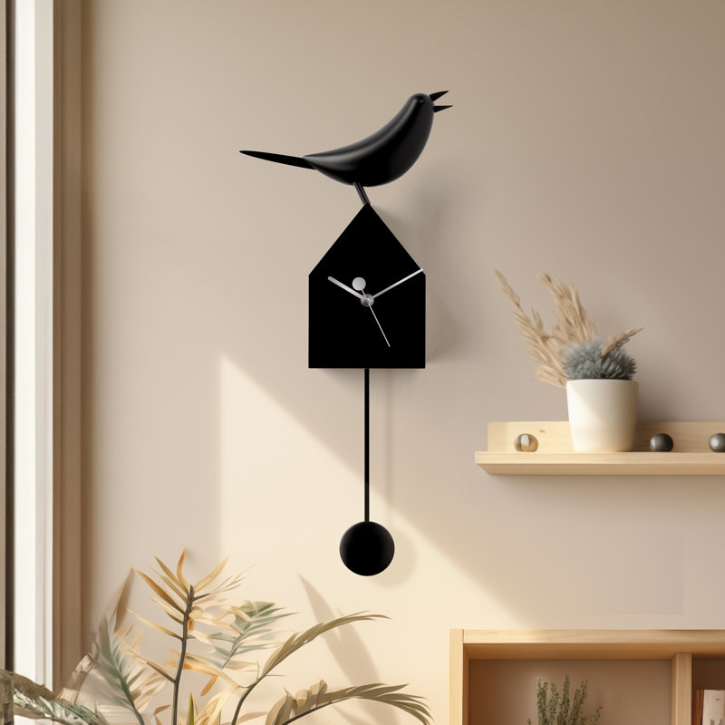  Salik 21" Kinetic Birdhouse Removable Pendulum Wall / Desk Clock (Black), Black
