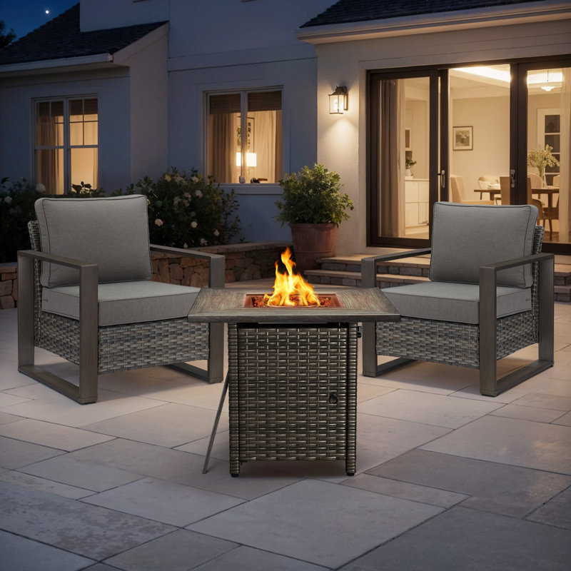 Drazen 2 - Person Patio Furniture Set With Fire Pit Table, All-Weather Wicker Outdoor Conversation Set With Chair And Thick Cushions