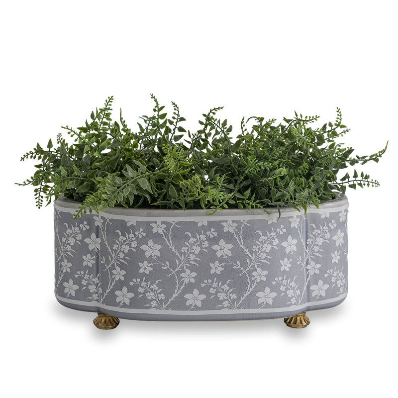 Foral Vine Stone Scallop Planter, Gray