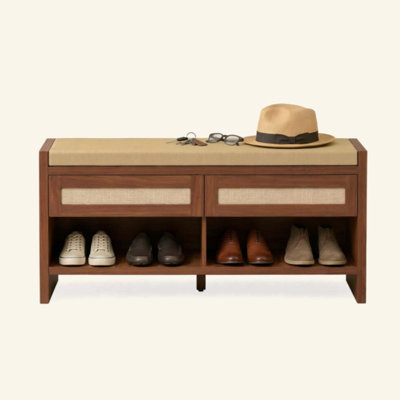 Shoe Bench with Cushioned Seat, 2 Rattan Drawers and Open Storage Shelf
