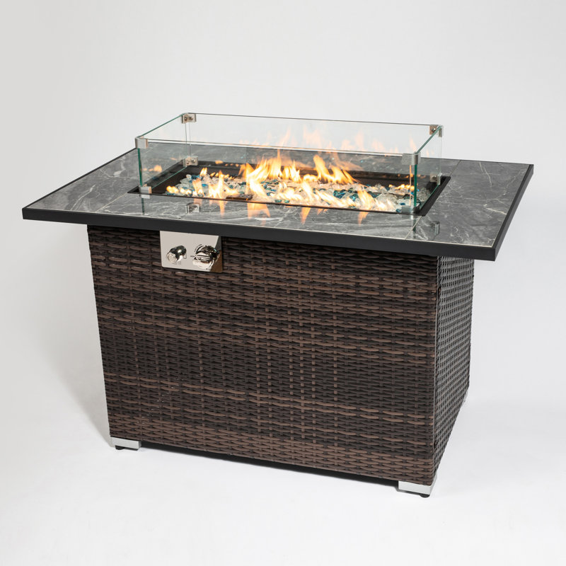 Table de feu 50000Btu avec dessus en céramique, fosse extérieure de 44 pouces, rectangulaire, couvercle, housse de pluie, pierres de verre clignotantes, carrelage brun foncé, propane lumineux