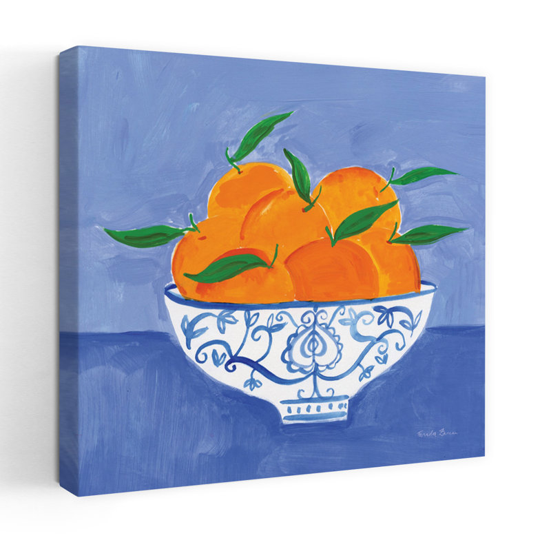 Contemporary Orange Still Life With Blue Bowl Art, 18" H x 18" W
