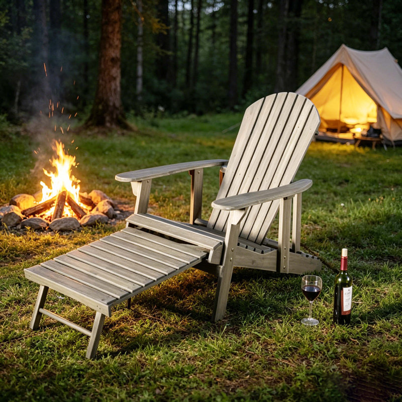Weathered Gray Malibu Folding Acacia Wood Adirondack Chair With Ottoman, Weather-Resistant Outdoor Patio Chair, For Backyard, Garden, Deck, Poolside