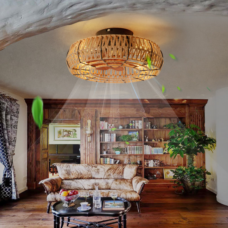 20-Inch Caged Ceiling Fan With Light, Boho Flush Mount Low Profile, Bird's Nest Hemp Rope Wrapped Design, 7-Blade Hidden Fan, 6-Speed Reversible DC Motor, Remote Control, E26 Base (Bulbs Not Included), For Bedroom Living Room Kitchen