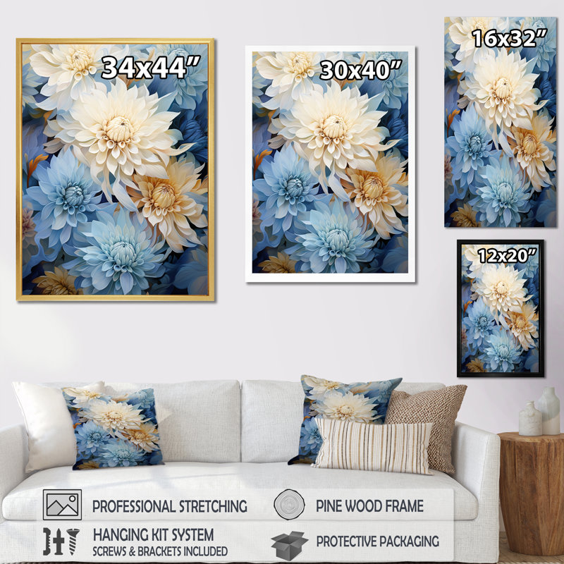 Blooming Mums, peinture en beige et bleu sur toile, Cadre simple argenté, H 32 po x l 24 po x P 1 po