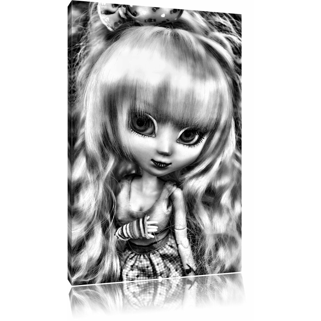 Leinwandbild Pullip-Püppchen im 70er-Jahre-Stil in Monochrom