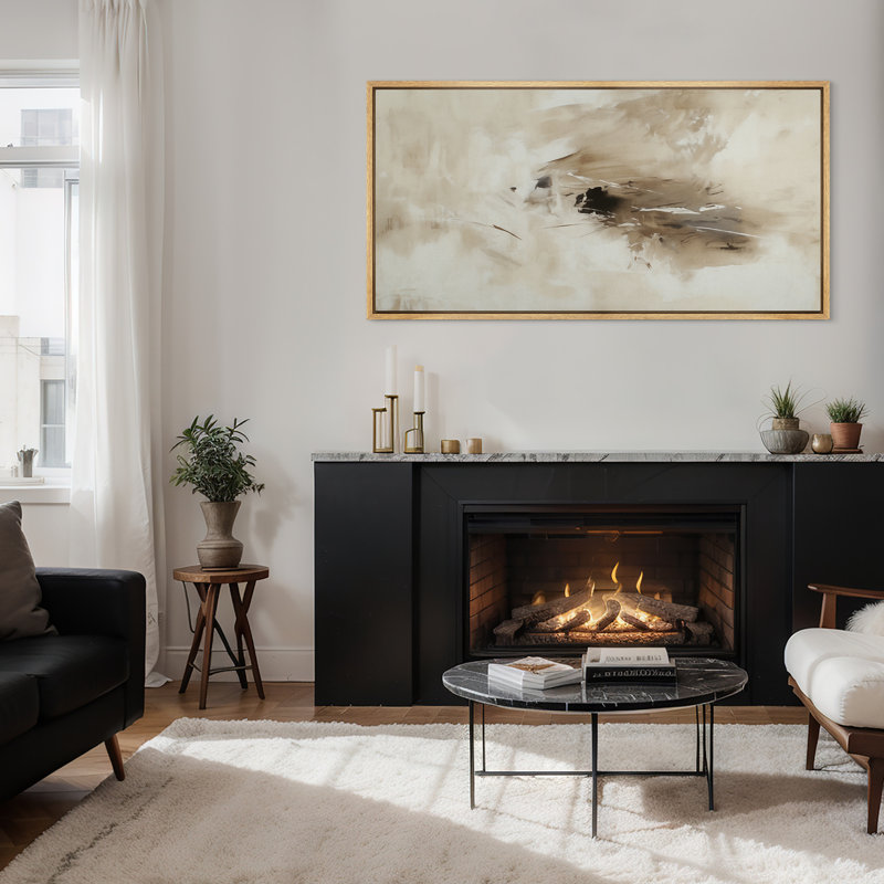 «Neutral Abstract Brushstroke», art mural beige minimaliste et brun, Naturel, H 30 po x l 60 po
