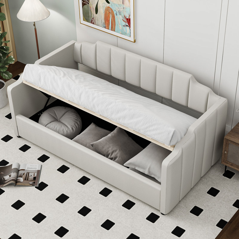  Lit de jour simple rembourré avec compartiment de rangement dissimulé sous le lit, beige