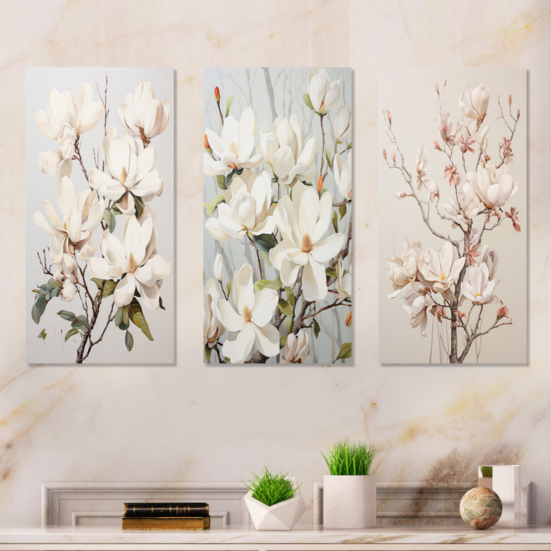 Beige And Green Full Blooming Magnolias Beauty - Magnolias Metal Wall Art Prints Set Of 3, 28" H x 36" W