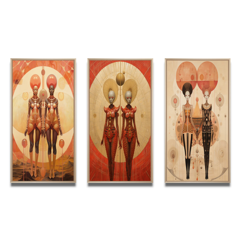 Alien Goddess Vintage Dreamscape Illustration V - Abstract Portraits Art Set Of 3 Pieces, Encadré naturel, H 32 po x l 48 po