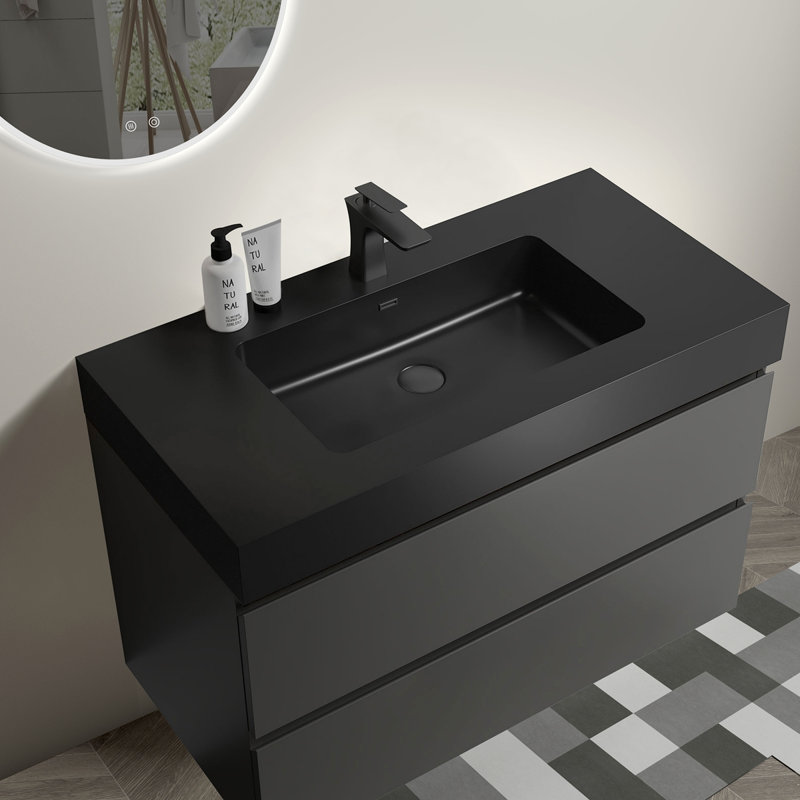 Meuble-lavabo de salle de bain flottant mural, Noir, Gris