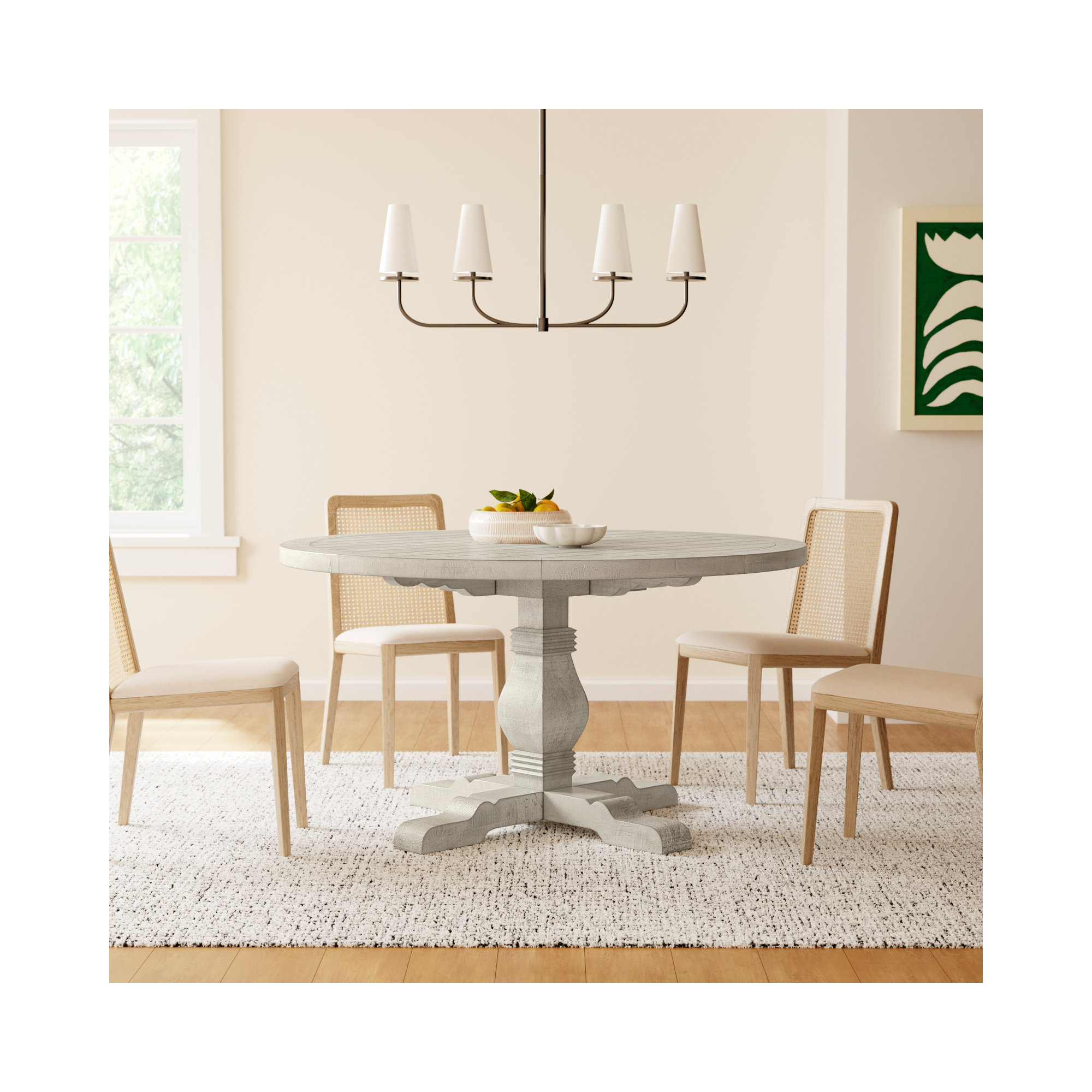 Kinston Solid Wood Pedestal Dining Table, 55" x 55", Distressed Ivory