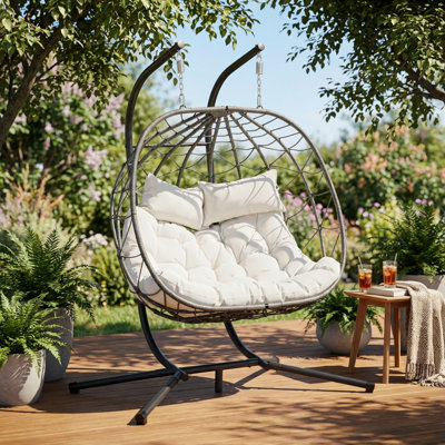 Two-Person Hanging Egg Chair with Stand for Indoor and Outdoor Relaxation in Patio, Balcony, or Garden