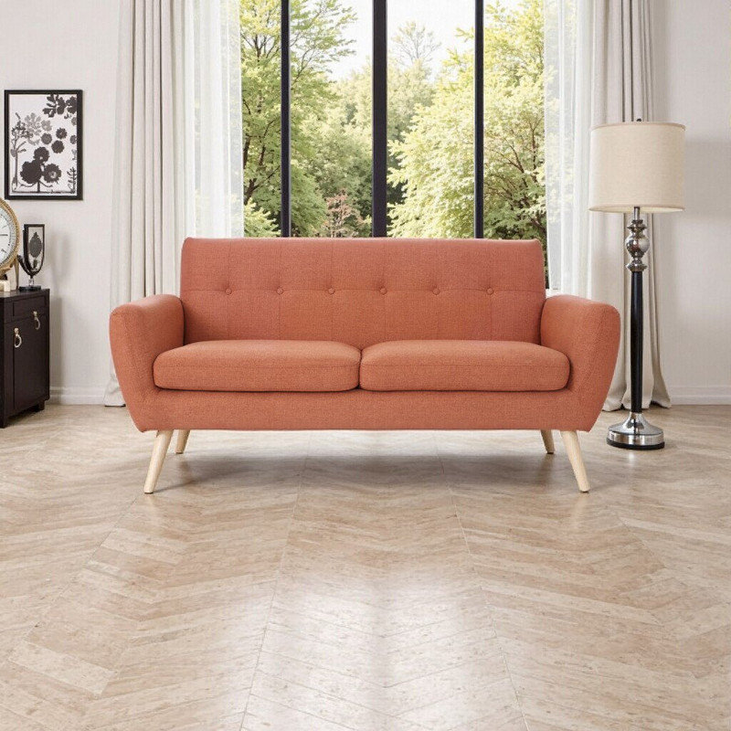 Causeuse Mid-Century moderne - Piquage gaufré à boutons, pieds fuselés en bois, Orange