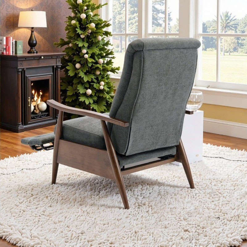 Modern Wood Arm Push-Back Recliner With Padded Footrest, Hardwood Frame, Charcoal, Dark Brown