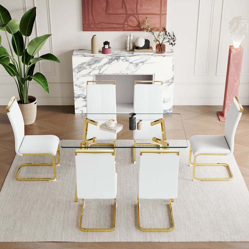 Glass Dining Table Set For 6, White, 7