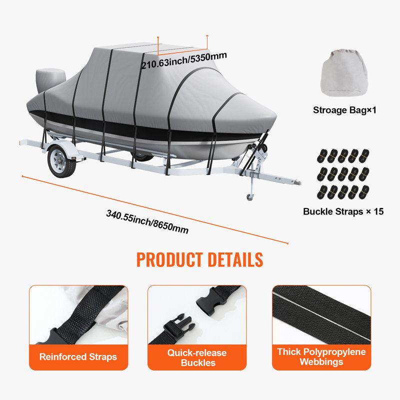 Housse pour bateau T-Top, housse imperméable et transportable pour bateau T-Top de 6 à 6,7 m (20 à 22 pi), en tissu Oxford PU de qualité marine 600D, compatible avec les bateaux de 6 à 6,7 m (20 à 22 pi) de long x 2,7 m (106 po) de large, grise, avec sangles à boucle coupe-vent.