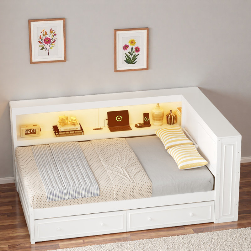Lit de jour multiple avec tablettes de rangement, USB, DEL et 2 tiroirs, Blanc