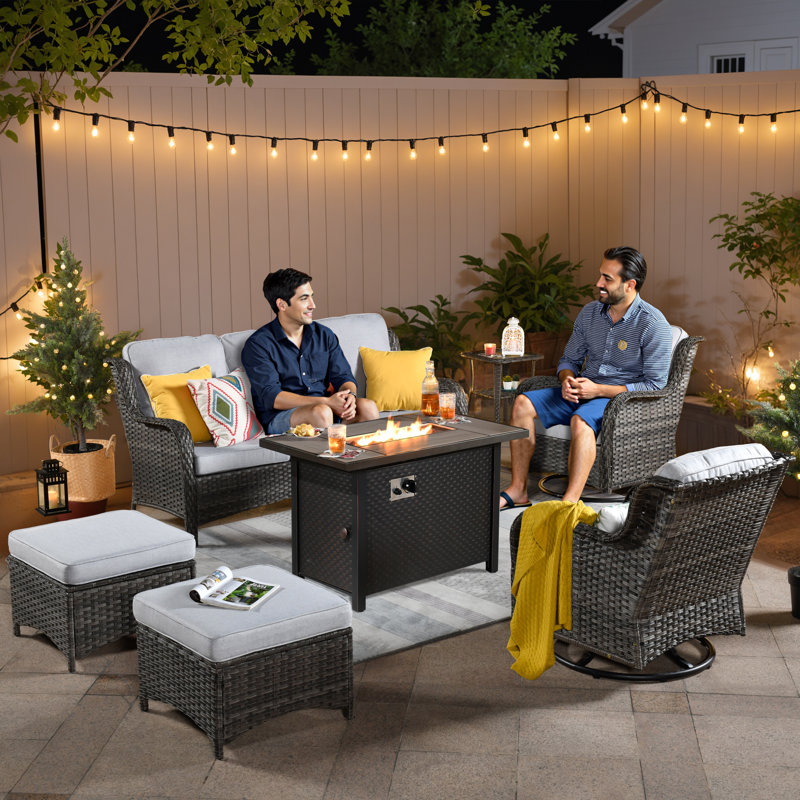 Romed 7 - Person Outdoor Seating Group with Fire pit and Cushions, Gray, Gray 