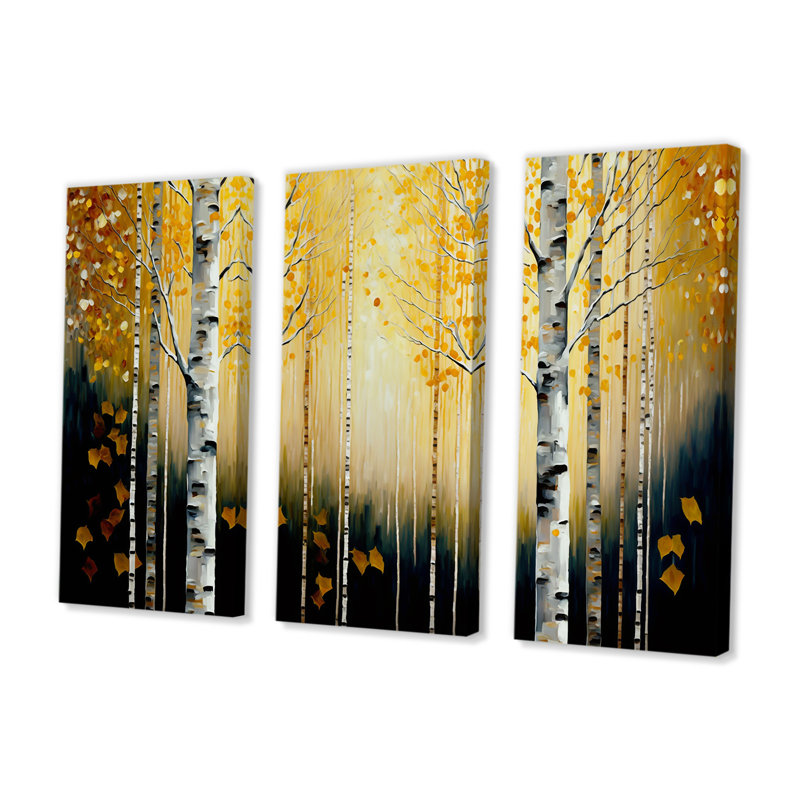 Golden Birch Trees Forest I - ensemble d'art mural sur toile paysage, H 28 po x l 36 po x P 1 po, Toile tendue