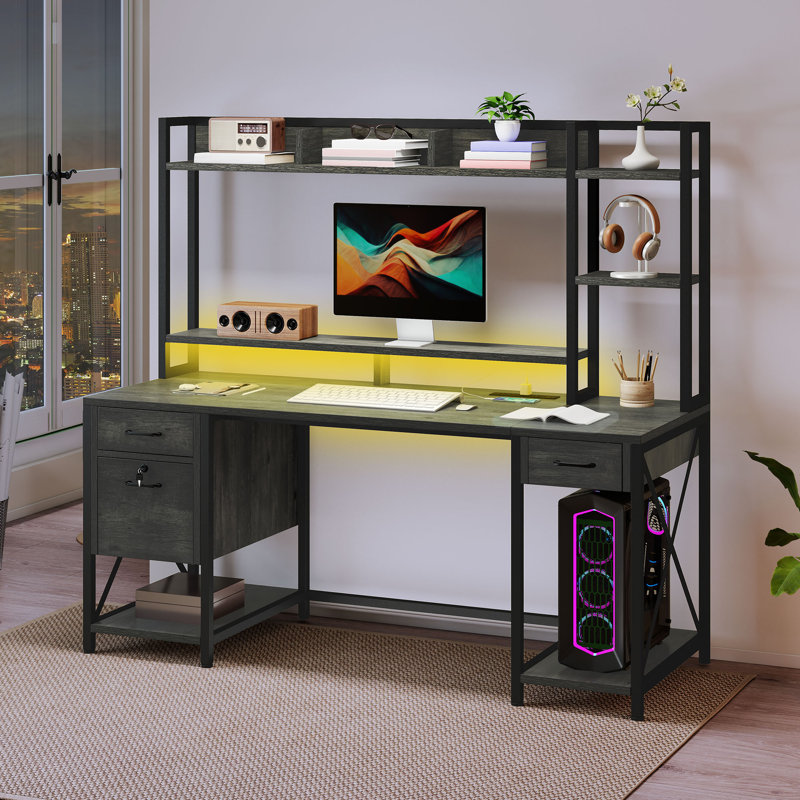  59" Computer Desk With Storage Hutch, LED Lights & Power Outlets, Home Office Desk With Lockable Drawers & Monitor Stand