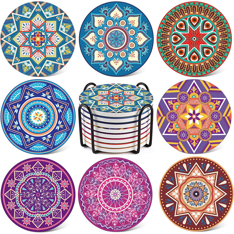 Round 8 Piece Coaster Set With Holder
