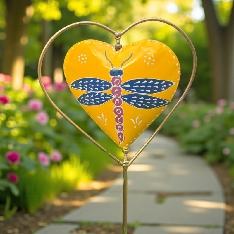 Piquet de jardin jaune avec libellule et cœur - jaune