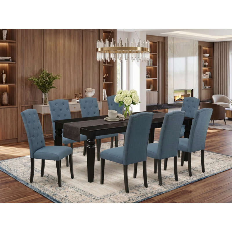  Ensemble de table de salle à manger 9 pièces comprenant une table de cuisine rectangulaire avec feuille papillon et 8 chaises rembourrées en tissu bleu minéral, 42 x 84 po, noir