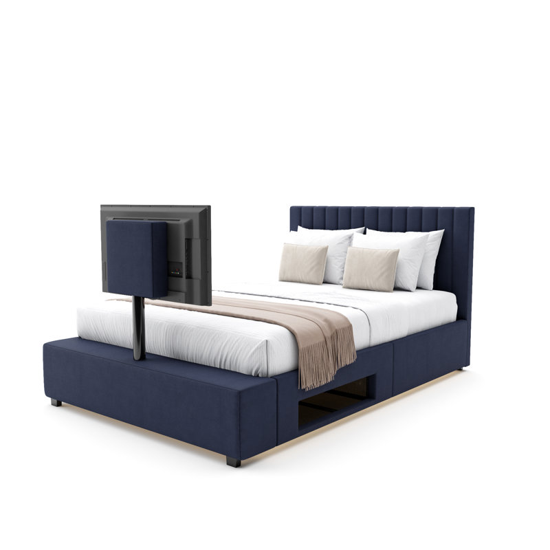 XR Living Maisie Fabric TV Bed with LED Lighting, Navy, Double (4'6)