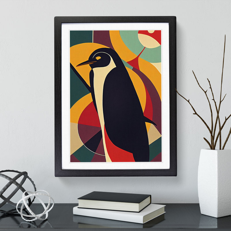 Penguin In Abstract No.2 - Wall Art, 36cm H x 27cm W, Black Framed Paper, White