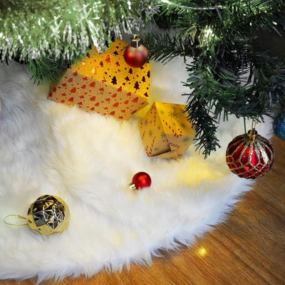 White Faux Fur Christmas Tree Skirt – Soft Plush Holiday Tree Base Cover & Winter Home Decor