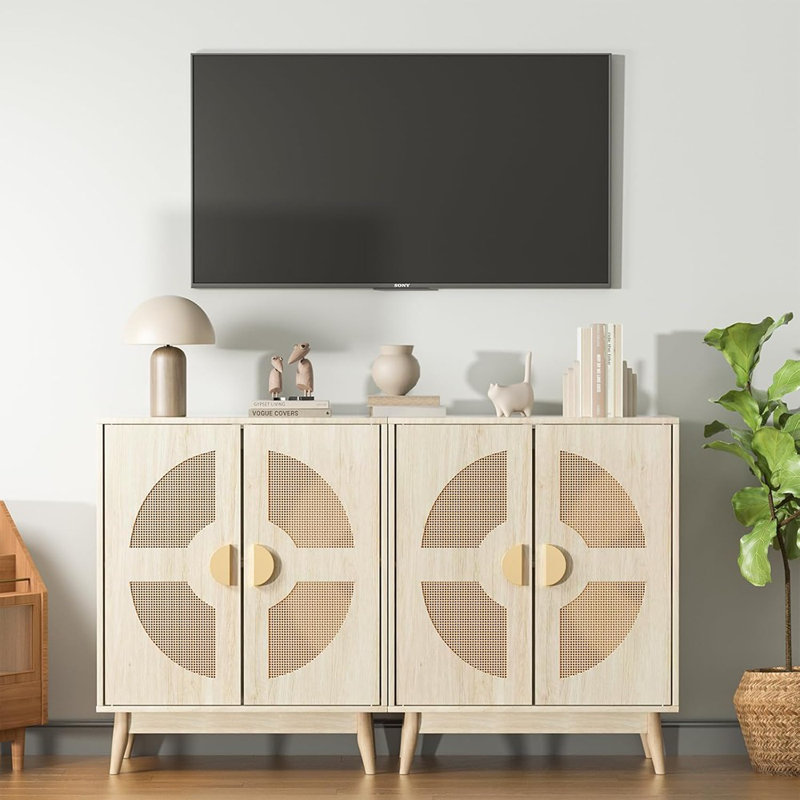 Crédence en rotin avec portes et tablettes - Mid-Century