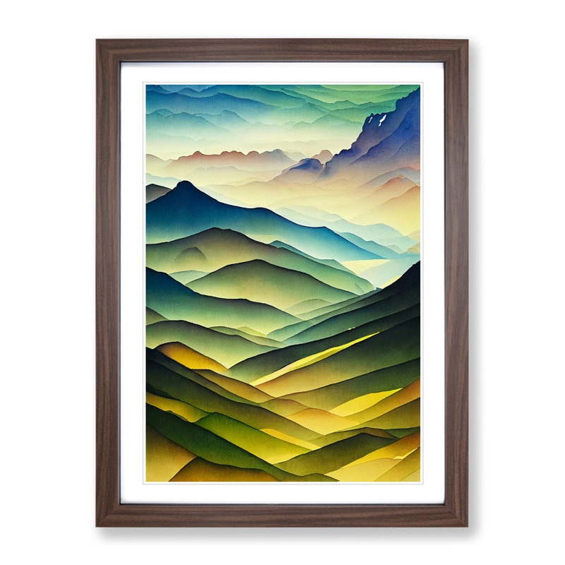 Watercolour Meadow Landscape No.2 - Wall Art, 64cm H x 46cm W, Walnut Frame, White