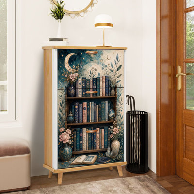 Shoe Storage Cabinet with 3 Flip Drawers for Vintage Bookshelf Celestial Floral Ornamentation Dreamy Blue Tones Shoe Rack Storage Organizer