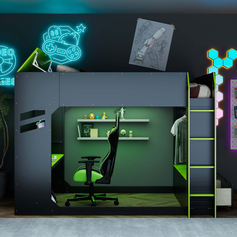 Lit mezzanine en bois peu encombrant avec bureau réglable et fonctions de jeu RVB, Noir; vert