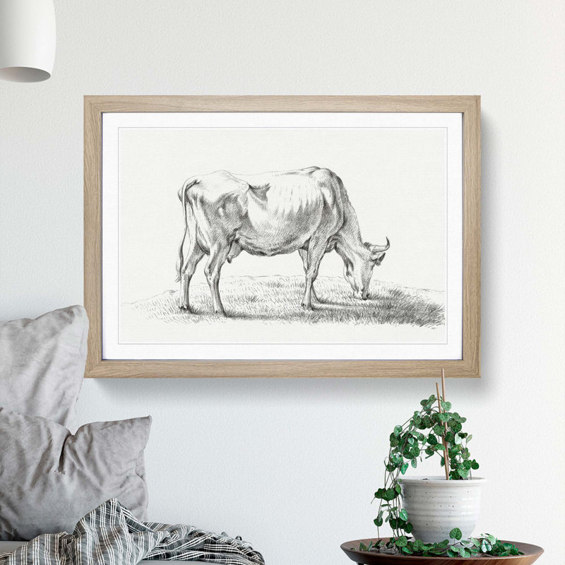 A Grazing Cow by Jean Bernard - Framed Print, 24cm H x 33cm W x 2cm D, Oak Framed