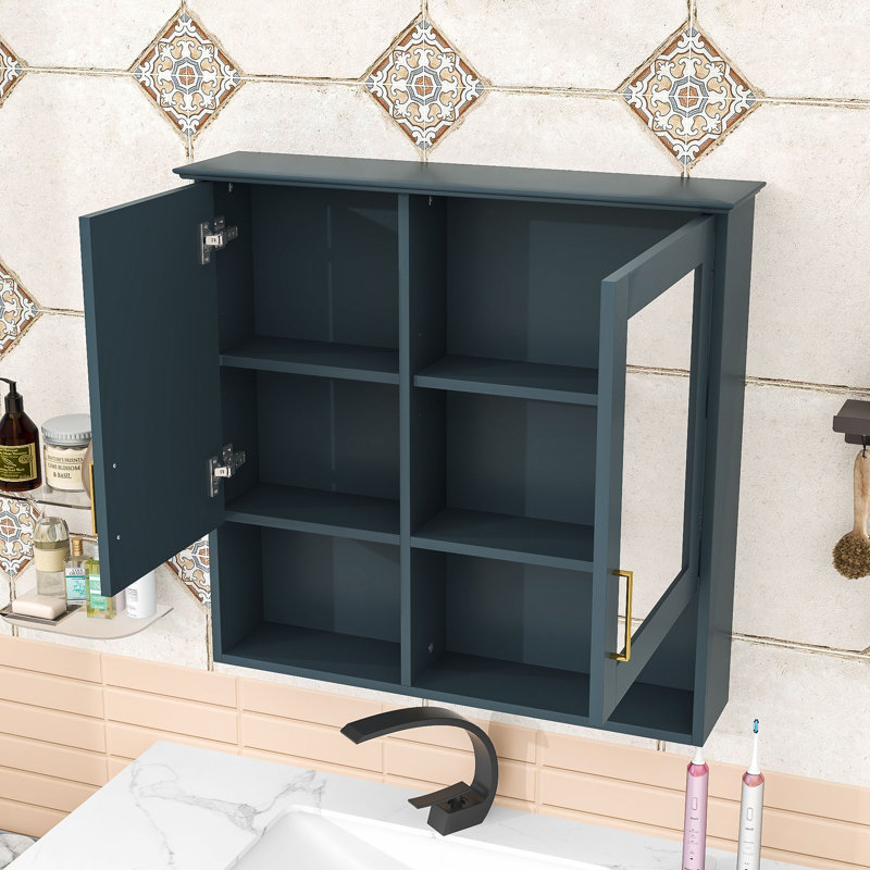 Armoire de salle de bain murale avec tablettes réglables, porte à fermeture en douceur et miroir haute définition, Bleu