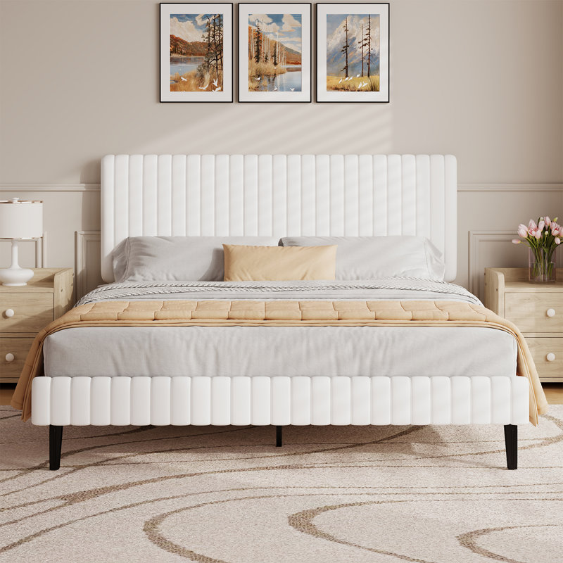 Velvet Upholstered Platform Bed Headboard and footboard with soft-padded vertical channel quilting, Full, White
