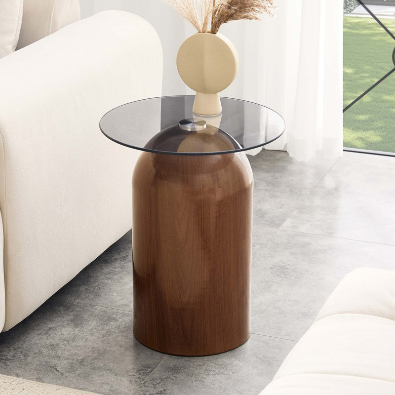 Table basse ronde moderne en verre avec plateau trempé, Noyer