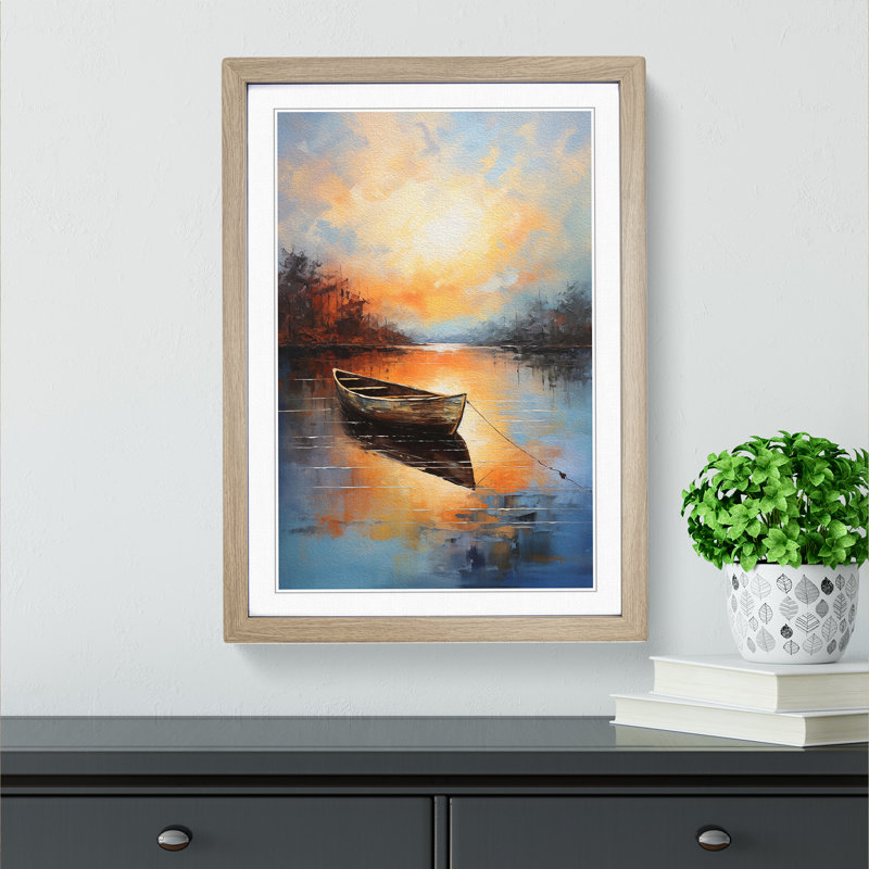 Boat on a Lake Action Painting - Framed Print, 34cm H x 25cm W x 2cm D, Oak Framed