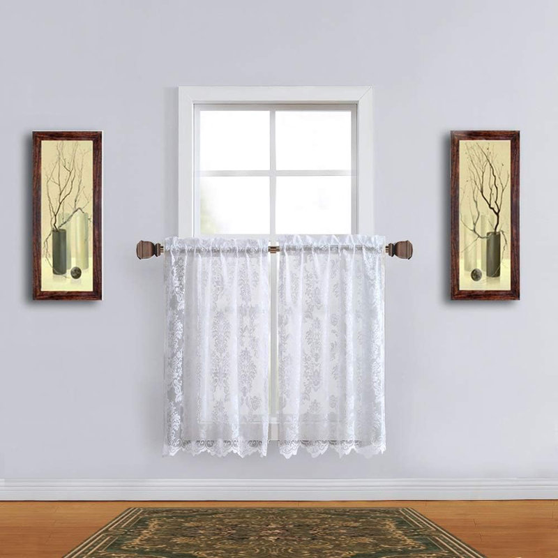 Tario Pair of 2 Floral Scalloped 30" Kitchen Curtain Tiers, White, 30" W x 24" L
